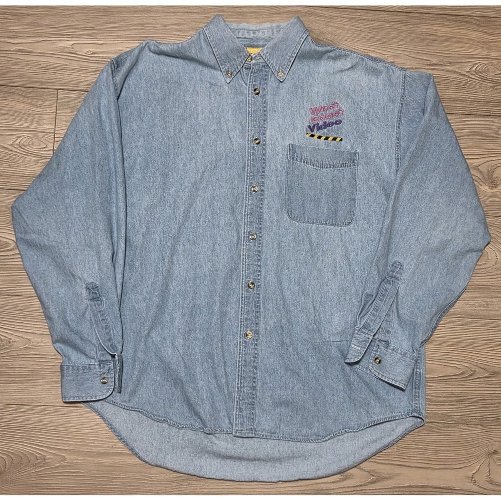 Vintage West Coast Video Button Up Shirt Mens XL Light Blue Denim Embroidered